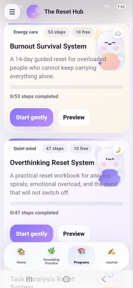 Reset programs screen